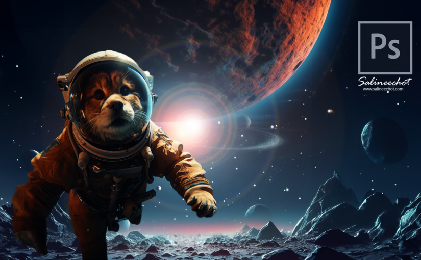 ประกอบภาพ สุนัขอวกาศ สำรวจ  ลอยอยู่นอกโลก ด้วย photoshop2023 [EP464]